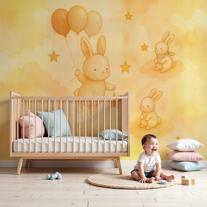 Papier peint lapin conte de fées | Douceur et rêve étoilé