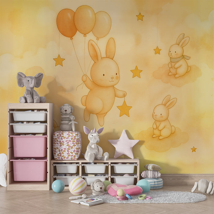 Papier peint lapin conte de fées | Douceur et rêve étoilé