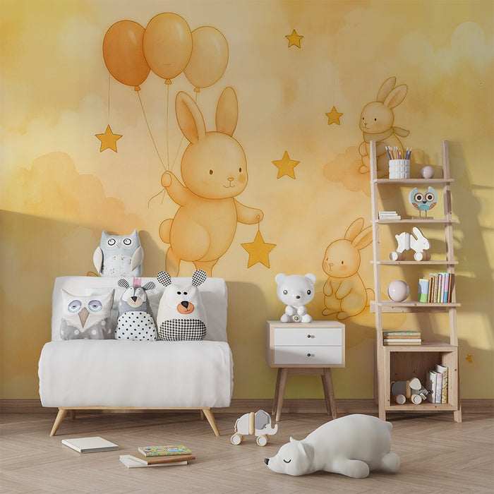 Papier peint lapin conte de fées | Douceur et rêve étoilé