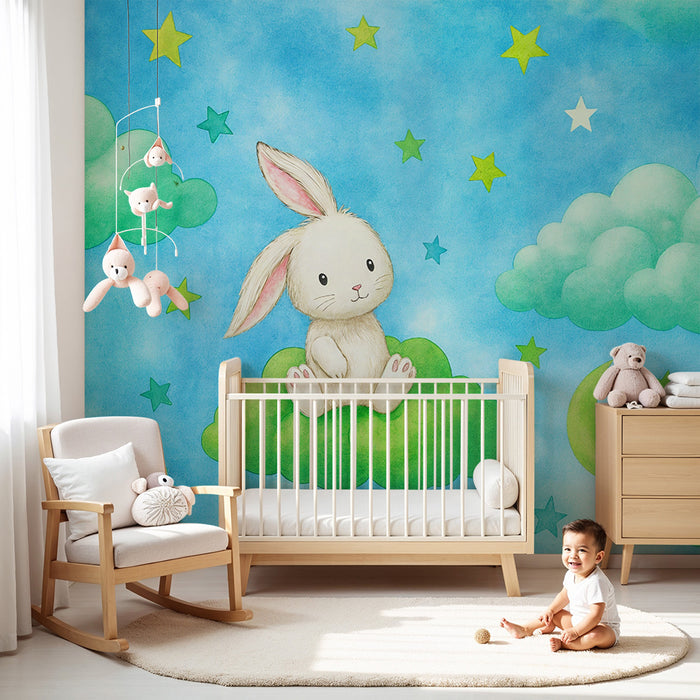 Papier peint lapin et étoiles | Décoration murale pour chambre d'enfant