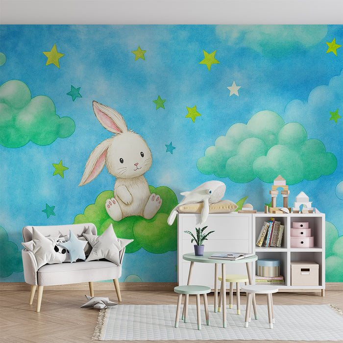 Papier peint lapin et étoiles | Décoration murale pour chambre d'enfant