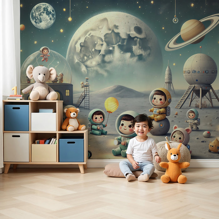 Lastenhuoneen tapetti | Suloiset astronautit kuussa