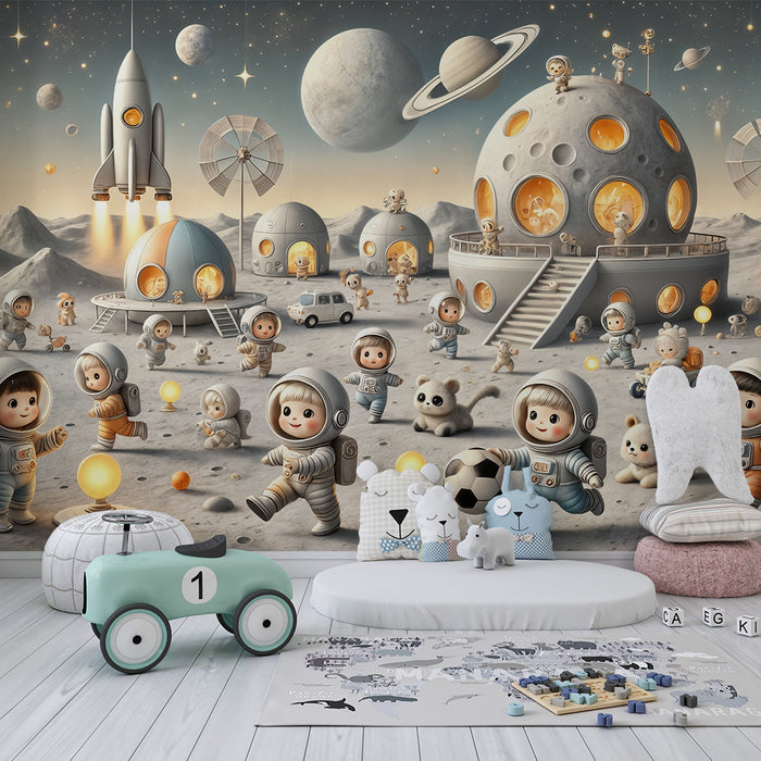 Lastenhuoneen tapetti | Seikkailu avaruudessa astronauttien ja avaruusrakettien kanssa