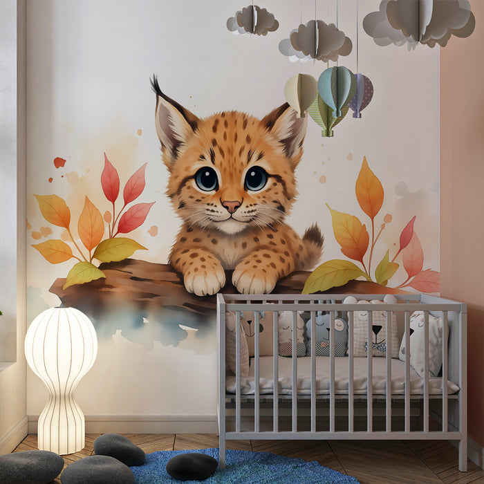 Kinderkamer behang | Kleine lynx en herfstbladeren