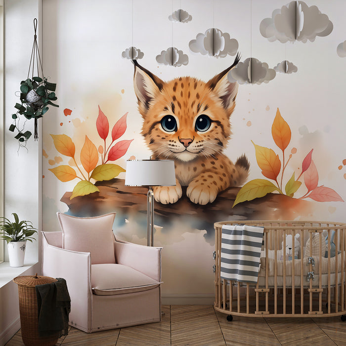 Kinderkamer behang | Kleine lynx en herfstbladeren