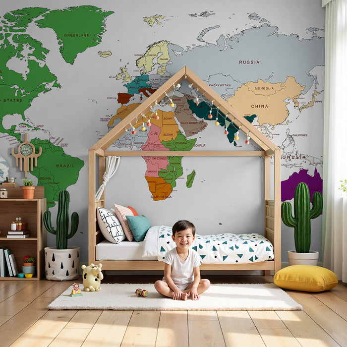 Lastenhuoneen tapetti maailmankartalla | Yksityiskohtainen ja värikäs suunnittelu