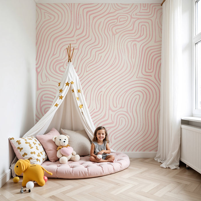 Papier peint chambre enfant | Labyrinthe rose pastel