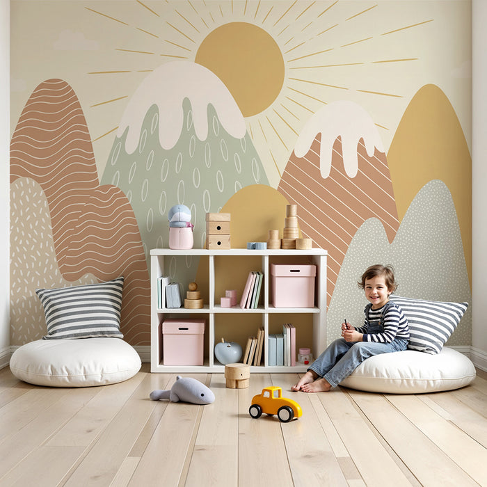 Papel pintado infantil | Montañas soleadas en tonos pastel