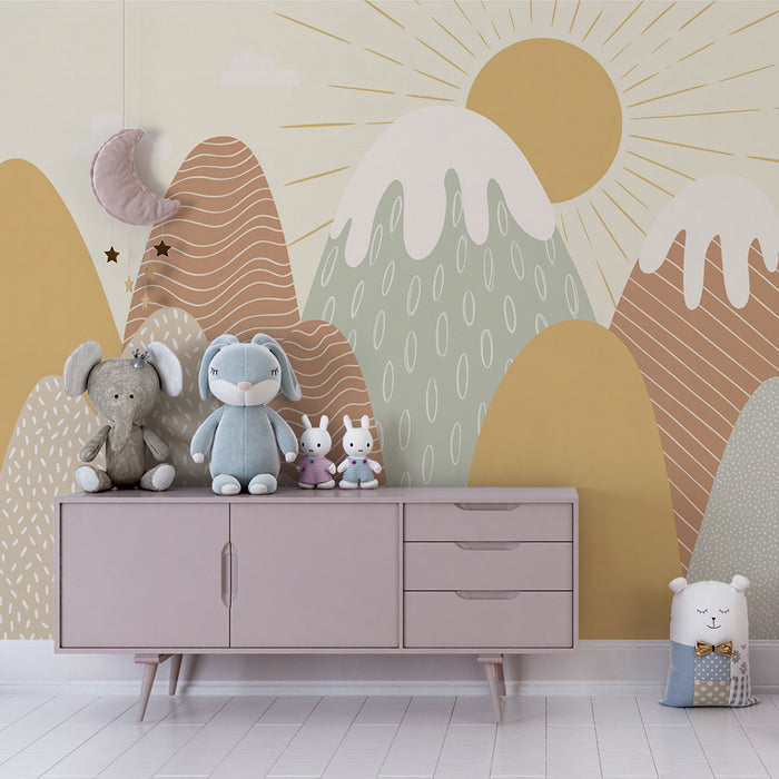 Papel pintado infantil | Montañas soleadas en tonos pastel