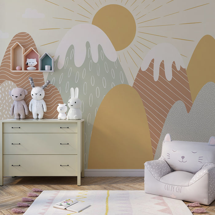 Papel pintado infantil | Montañas soleadas en tonos pastel