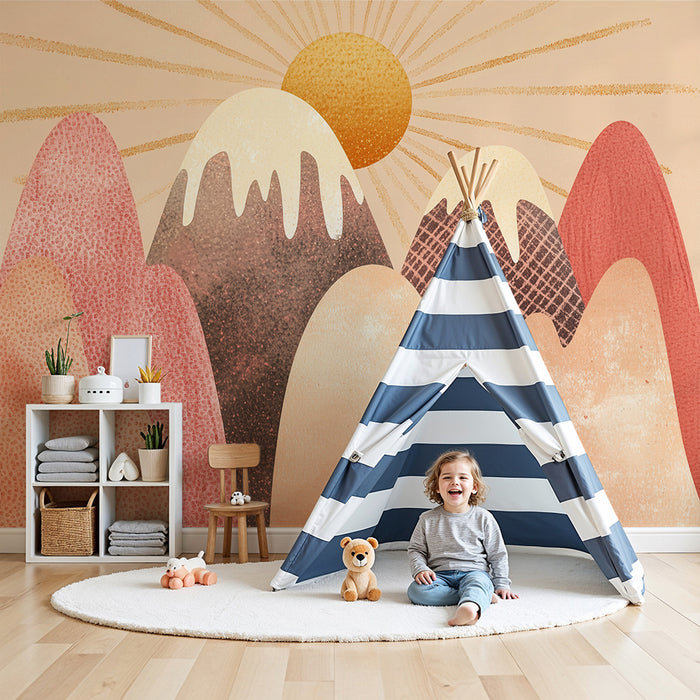 Papel pintado infantil | Montañas pastel y sol
