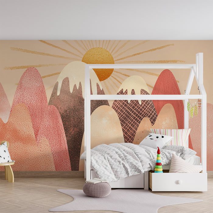 Papel pintado infantil | Montañas pastel y sol