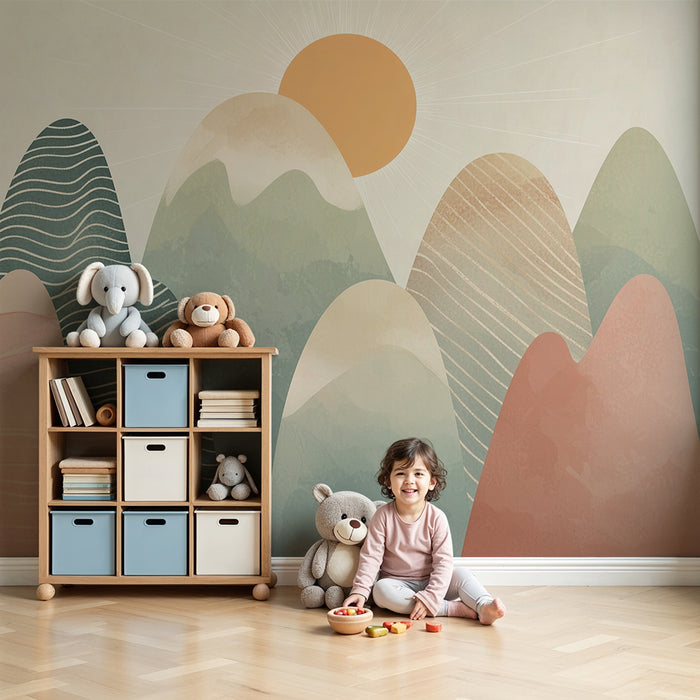 Papel pintado infantil | Montañas pastel y sol naciente