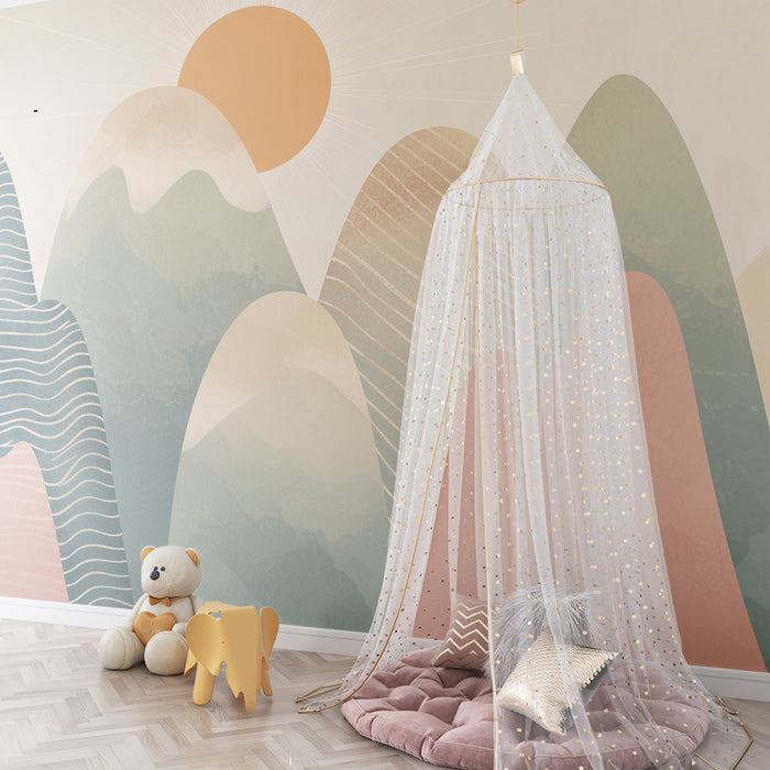 Papel pintado infantil | Montañas pastel y sol naciente