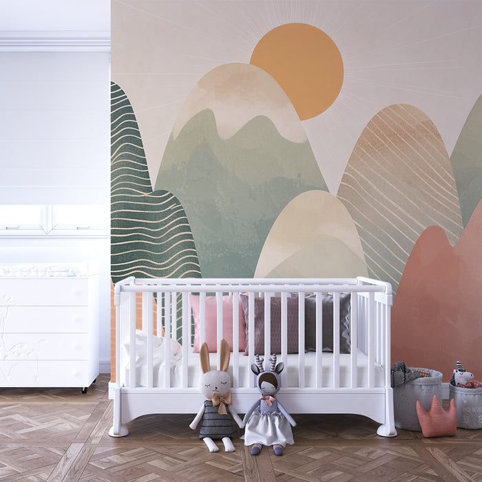Papel pintado infantil | Montañas pastel y sol naciente