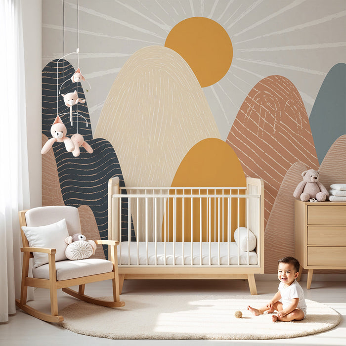 Papel pintado infantil | Montañas pastel y sol grisáceo