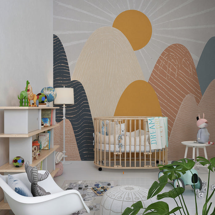 Papel pintado infantil | Montañas pastel y sol grisáceo