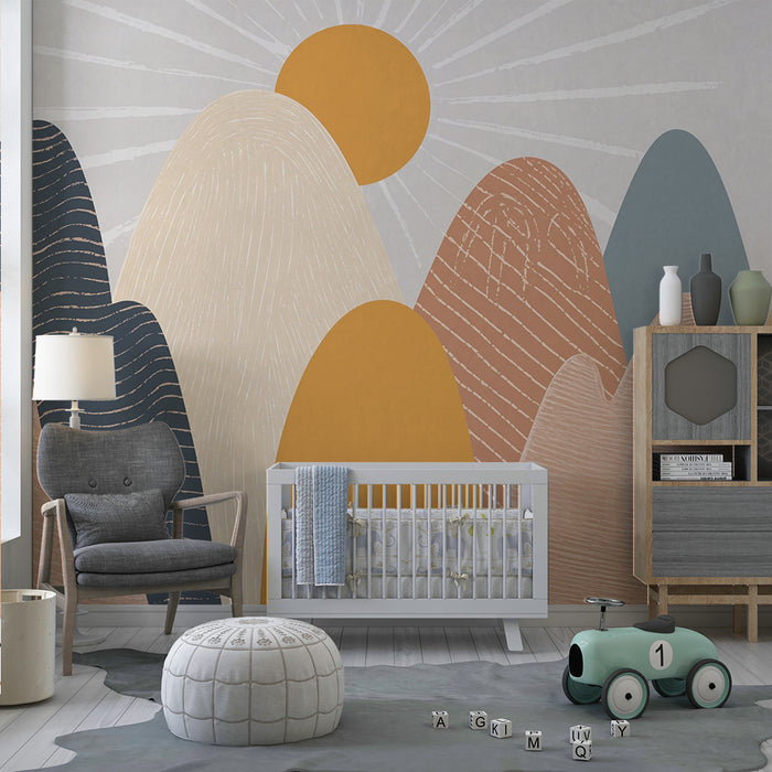 Papel pintado infantil | Montañas pastel y sol grisáceo