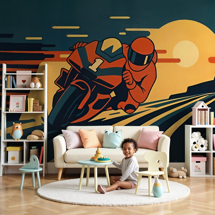 Papier peint chambre enfant | Moto de course et coucher de soleil