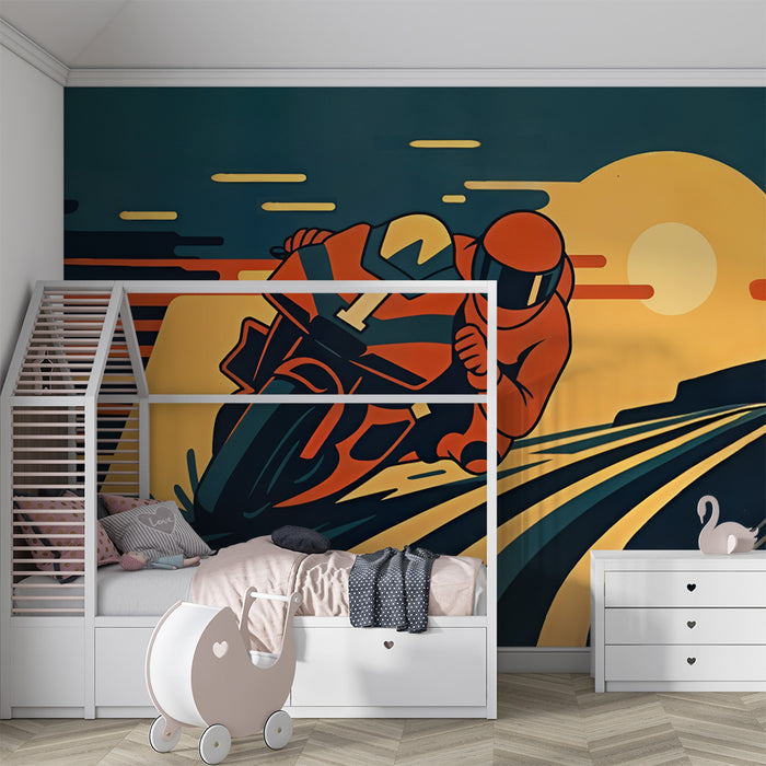Papier peint chambre enfant | Moto de course et coucher de soleil
