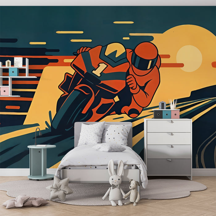 Papier peint chambre enfant | Moto de course et coucher de soleil