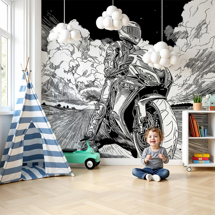 Papier peint moto | scène dynamique en noir et blanc