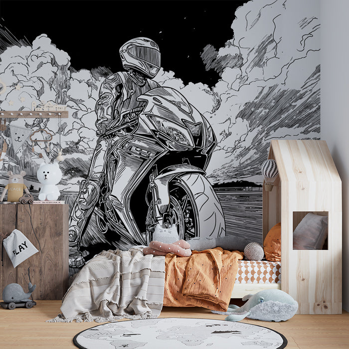 Papier peint moto | scène dynamique en noir et blanc