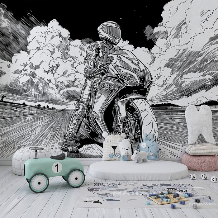 Papier peint moto | scène dynamique en noir et blanc