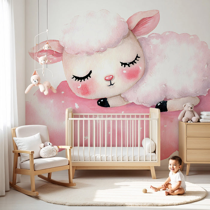 Lastenhuoneen tapetti | Vaaleanpunainen lammas pilvellä