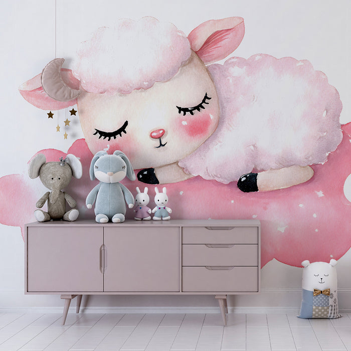 Lastenhuoneen tapetti | Vaaleanpunainen lammas pilvellä