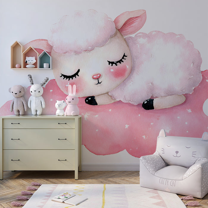 Lastenhuoneen tapetti | Vaaleanpunainen lammas pilvellä