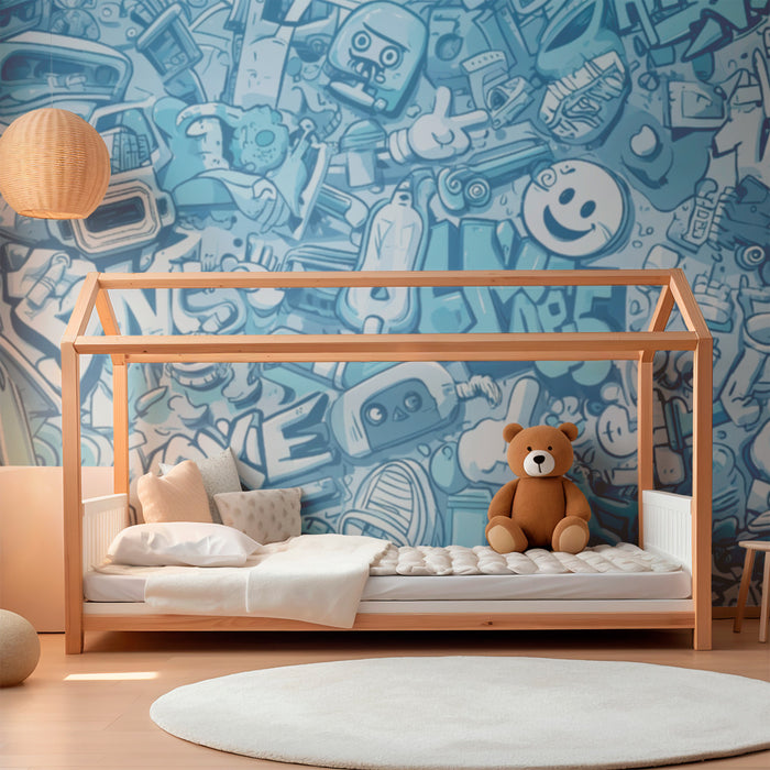 Børneværelse tapet | Bygrafiti blå