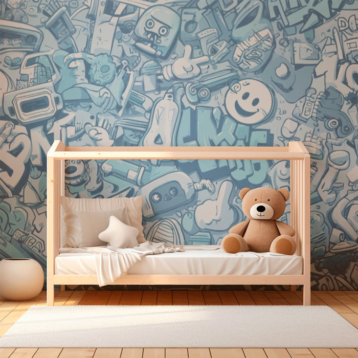 Børneværelse tapet | Bygrafiti blå