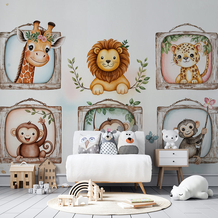 Papel de parede animais da selva | Decoração de parede adorável para crianças