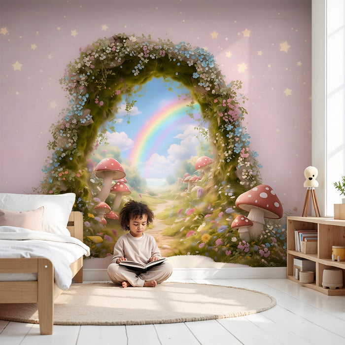 Papier peint chambre enfant | Forêt magique et arc-en-ciel