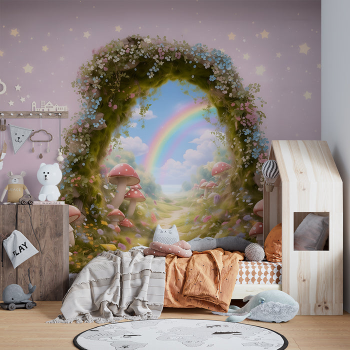 Papier peint chambre enfant | Forêt magique et arc-en-ciel