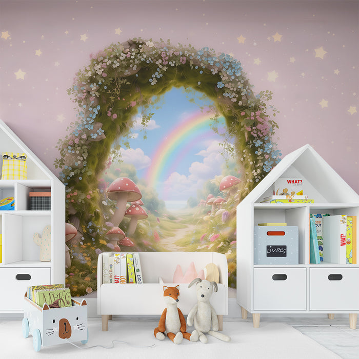 Papier peint chambre enfant | Forêt magique et arc-en-ciel