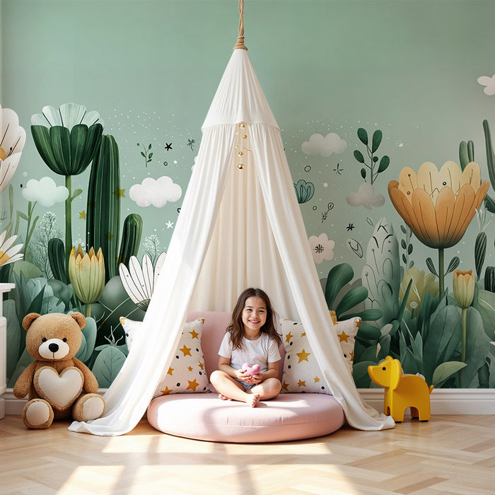 Tapeta s cvjetnim uzorkom | Akvarelno bijeg na zelenoj pozadini