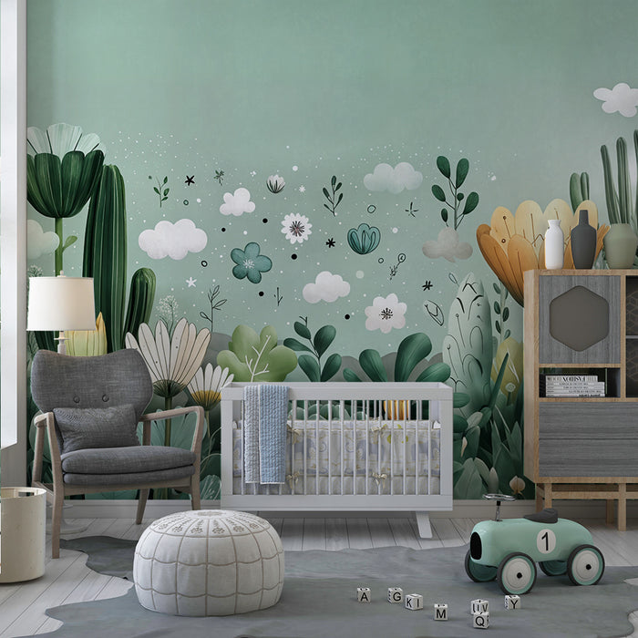 Tapeta s cvjetnim uzorkom | Akvarelno bijeg na zelenoj pozadini