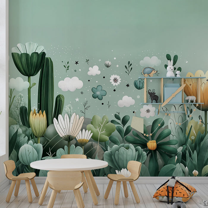 Tapeta s cvjetnim uzorkom | Akvarelno bijeg na zelenoj pozadini