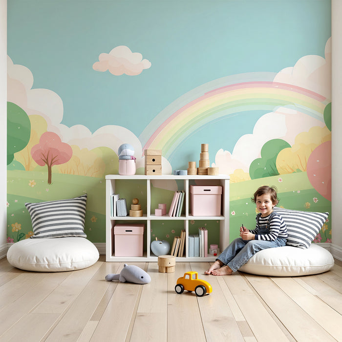 Babyzimmer Tapete | Pastelllandschaft mit Regenbogen