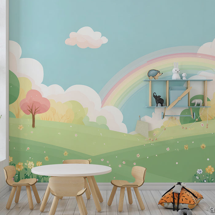 Babyzimmer Tapete | Pastelllandschaft mit Regenbogen