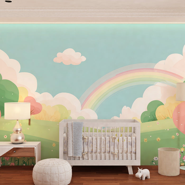 Babyzimmer Tapete | Pastelllandschaft mit Regenbogen