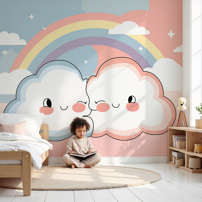 Papel pintado infantil | Nubes sonrientes y arco iris pastel