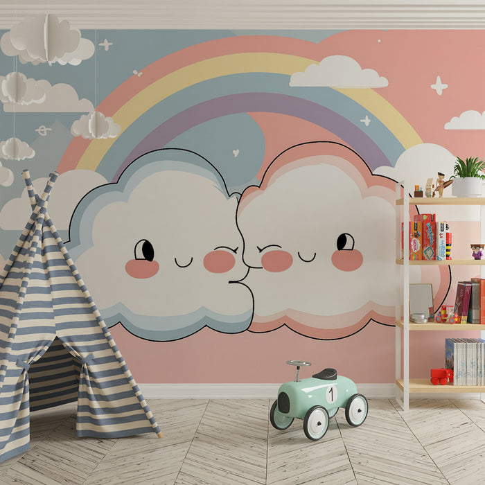 Papel pintado infantil | Nubes sonrientes y arco iris pastel