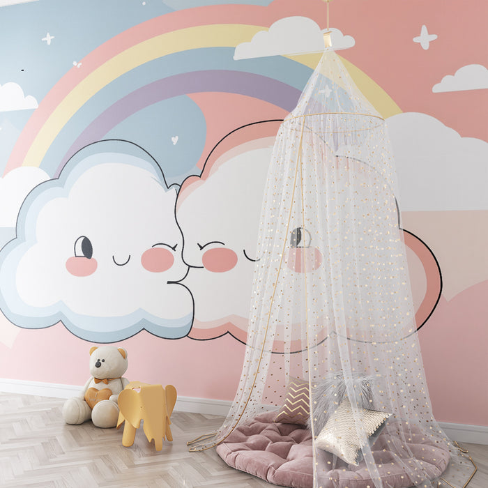 Papel pintado infantil | Nubes sonrientes y arco iris pastel