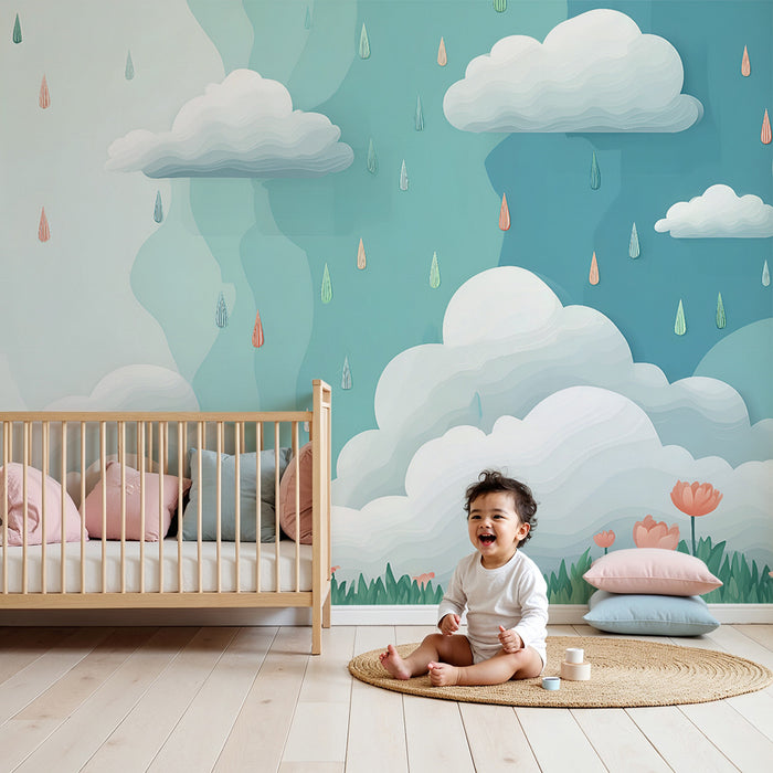 Lastenhuoneen tapetti | Pilvet ja värikkäät sadepisarat