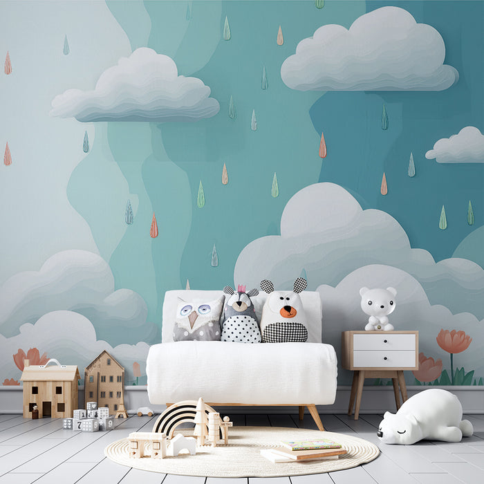 Lastenhuoneen tapetti | Pilvet ja värikkäät sadepisarat