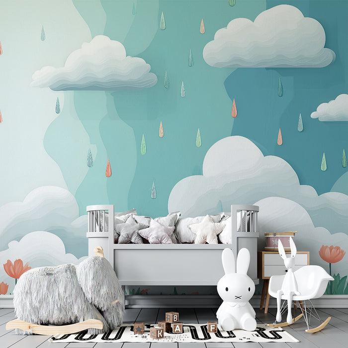 Lastenhuoneen tapetti | Pilvet ja värikkäät sadepisarat