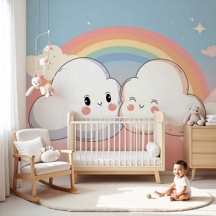 Papier peint chambre bébé | Nuages joyeux et arc-en-ciel pastel
